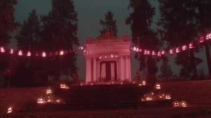 Obraz premium Spooky Halloween Scene with Jack-o'-Lanterns and Foggy Atmosphere