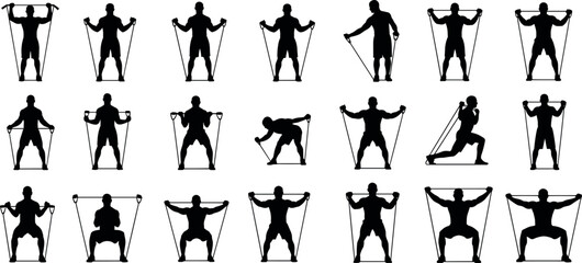 Obraz premium Silhouetted resistance band exercises, full-body workout poses, fitness training illustration, strength movement guide, home gym routine, exercise chart