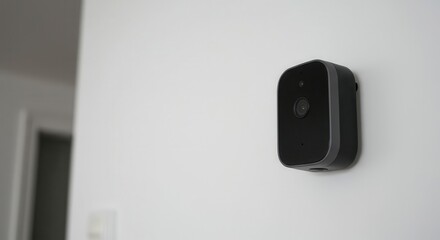 Wireless security camera mounted indoors on a white wall.