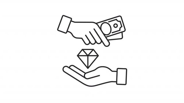 Animated pawnshop loan line icon. Exchanging gem for money animation. Selling gemstone crystal. Financial activity. Repayment. Outline element on white background. HD video with alpha channel