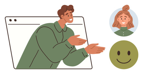 Man gestures from browser window towards smiling face and woman avatar. Ideal for remote work, communication, virtual interaction, online education, digital collaboration, video calls, teamwork. A