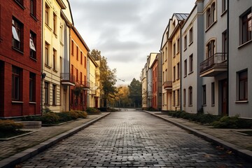 Fototapeta premium Cobblestone street between colorful buildings in a residential district on a cloudy autumn day