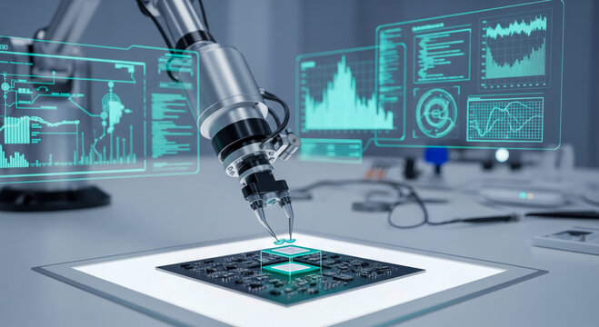 High tech production theme shows precise robot assembling semiconductor on circuit board, future of engineering and artificial intelligence in modern advanced laboratory