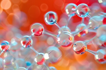 Glass molecules forming chemical bonds creating a molecular structure on a vibrant orange background