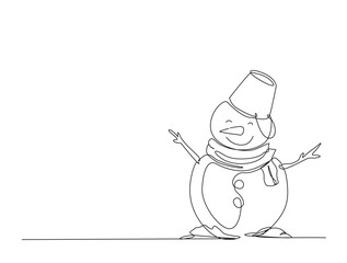 Melting Snowman in single line draw illustration. Continuous one line drawing of melting winter snowman. Editable stroke.