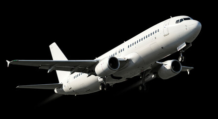 Obraz premium Commercial passenger jet airplane isolated on black background for easy use. White aircraft taking off for travel, vacation journey or business flight, transport concept.