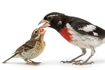 Obraz premium Rose-breasted Grosbeak Feeding Chick Isolated