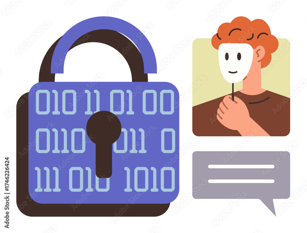 Wall mural lock with binary code emphasizes data encryption. person with mask highlights anonymity, privacy, an