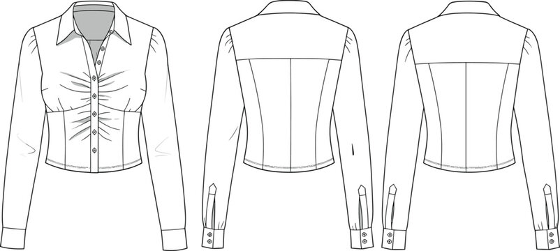 Women’s shirt, long sleeve, button up, cropped length, tailored fit, fashion flat sketch, apparel vector, garment template, sewing pattern, CAD drawing