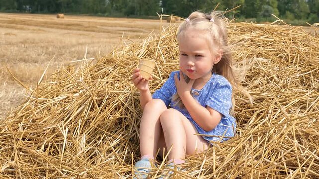 Cute little child sits on a haystack in a rural field in summer
