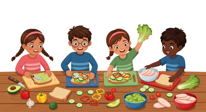Four children preparing healthy sandwiches with fresh vegetables  