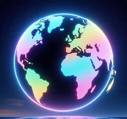 Naklejka premium A glowing, neon-colored Earth globe against a starry night sky with a blue ocean below