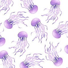 Watercolor Jellyfish Pattern in Lilac and White for Textile and Background Design