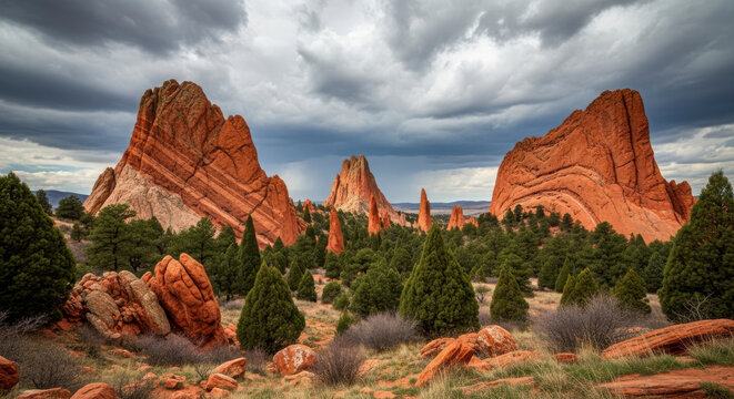 Dramatic Red Rock Formations Under a Stormy Sky