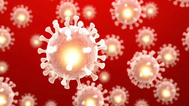 Virus particles on blue and red background illustrating disease spread  