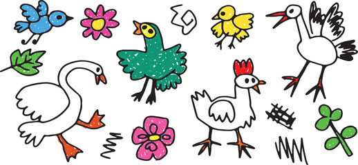 Kid sketch cute baby doodle summer element set. Bird, chicken, swan, stork toy cartoon elements. Colored drawn with grunge curved lines. Brightly drawing. Vector illustration