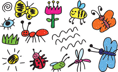 Naklejka premium Kid sketch cute baby doodle summer element set. Butterfly, eye, flower, grass, ladybug, beetle, mosquito, bee toy cartoon elements. Colored drawn with grunge curved lines. Brightly drawing.