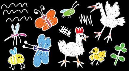 Kid sketch cute baby doodle summer element set. Chicken, stork, butterfly, beetle, mosquito, bee toy cartoon elements. Colored drawn with white curved lines in grunge style. Black background
