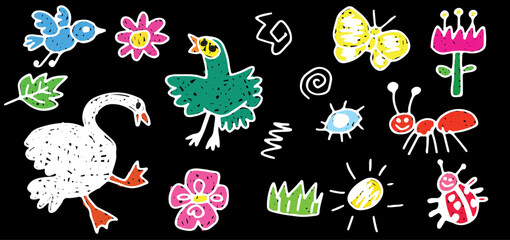 Kid sketch cute baby doodle summer element set. Swan, bird, ant, ladybug, flower, sun, butterfly cartoon elements. Colored drawn with white curved lines in grunge style. Black background © Nata