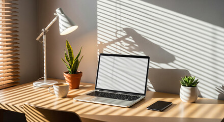 Fototapeta premium Minimalist Home Office Desk Setup With Laptop And Plants In Morning Sunlight
