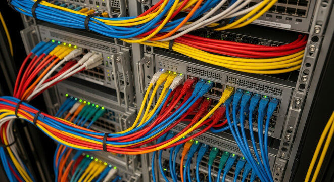 Organized network cables in server rack showing intricate connections and color coding