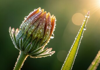 Dewdrops glisten on a flower bud bathed in golden morning sunlight