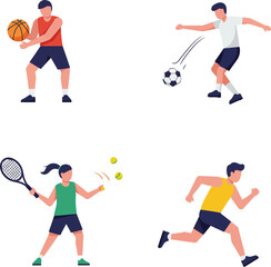 Dynamic sports people illustrations set action figures athletes playing football tennis basketball running isolated on transparent background