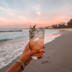 Cocktail on the beach with a tropical drink in hand under the sun