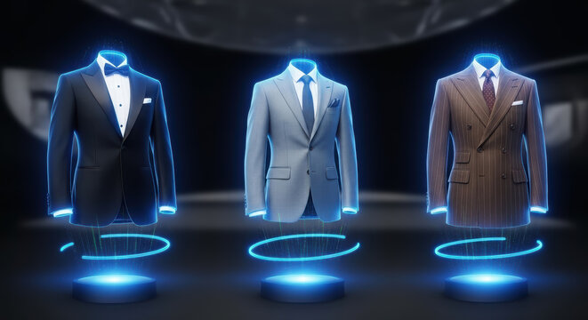 Three elegant suits displayed in a futuristic setting, showcasing black tuxedo, light gray business suit, and brown pinstripe suit, representing modern corporate fashion choices