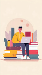 Modern learner focused on a laptop atop books, symbolizing the blend of digital and traditional education for knowledge