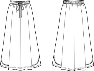 Long A-line skirt technical sketch, front and back view, fashion flat drawing, garment design, CAD vector illustration, apparel template