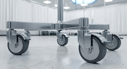 Close-up of medical equipment casters on a hospital floor, showcasing mobility and hygiene.
