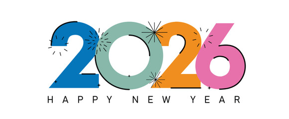 Happy New Year 2026 Colorful Greeting Banner poster post design White Background