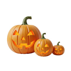 Three halloween pumpkins jack o lanterns glowing scary faces holiday decoration autumn festive isolated on transparent background