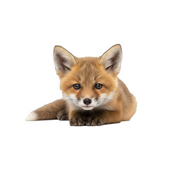 Obraz premium Adorable young red kit lying down, with fluffy fur, large ears, and curious dark eyes, isolated on a transparent background.. Transparent PNG Image