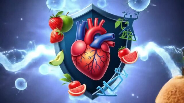 The vector heart is protected by a healthy lifestyle shield, with graphic elements interacting with each other in satisfying animations.