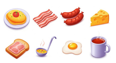 Colorful flat illustration of a breakfast spread featuring pancakes, bacon, sausages, cheese, toast, egg, soup, and coffee, showcasing a delicious morning meal concept