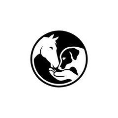 Horse and Dog Companionship in Black and White Circle Graphic