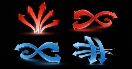 Colorful arrows in various directions, showcasing movement and flow, with dynamic shapes and contrasting colors, representing concepts of change and direction in a modern design