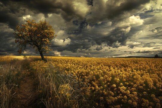 Fototapeta Scenic view of a yellow rapeseed field with a lone tree against a dramatic cloudy sky