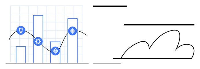 Bar chart and trend line include shield icons symbolizing protection and security, accompanied by a stylized abstract cloud. Ideal for data security, analytics, cloud reliability, innovation, IT