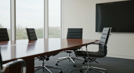 An empty conference room with a long table chairs and a large window.