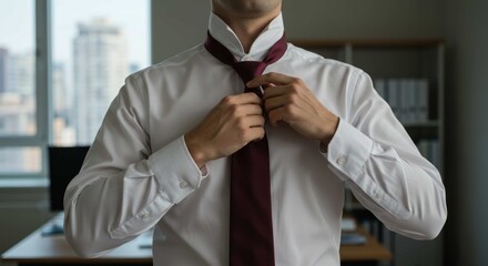 Man in white shirt adjusting tie in office with city view.