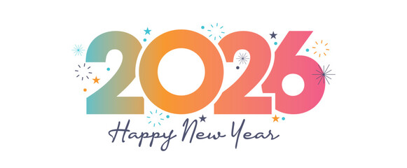 Happy New Year 2026 Colorful Greeting Banner poster post design White Background