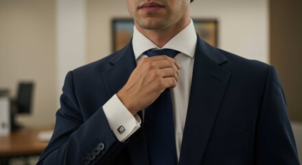 Man in suit adjusts tie in an office setting.