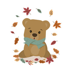 Cute Bear with Falling Leaves Vector Illustration
