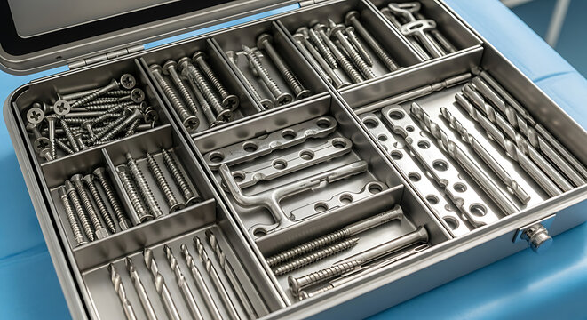 Surgical Instrument Tray with Assorted Medical Tools and Implants.