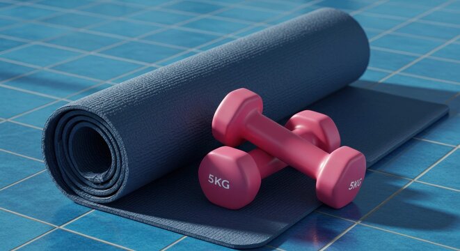 Rolled yoga mat and dumbbells on a tiled surface suggesting fitness activity. - Powered by Adobe
