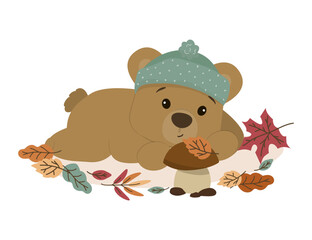 Cute Bear with Autumn Leaves Vector Illustration
