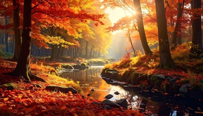 Fototapeta premium Golden Autumn Forest Stream with Sunlight Rays